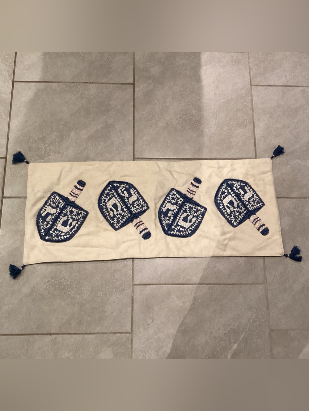 Cream & Navy Dreidel Embroidered Table Runner with Tassels